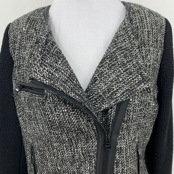 Banana Republic Moto Jacket Women 6P Petite Tweed Faux Leather Wool Blend Crop - Picture 4 of 11